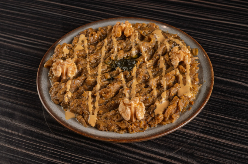 Kashk O Bademjan Persian roasted eggplant dip with fried onions and dried mint